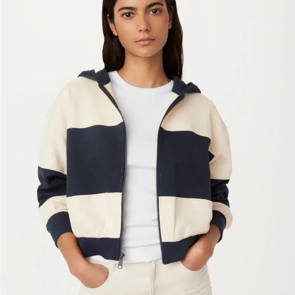 Frank & Oak Navy and Cream Striped Hoodie